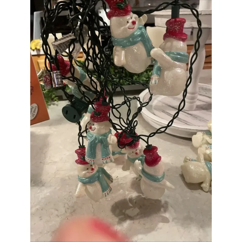 Vintage 10Pc 3.5” Snowman Blow Mold String Lights ..Lights Tested Works